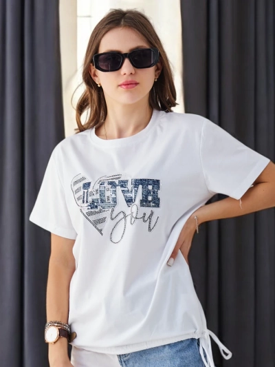 Royalfashion Women's Cotton T-shirt LOVE with Rhinestones