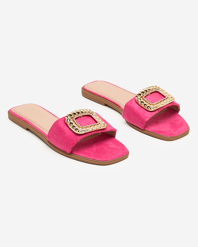 OUTLET Fuchsia sieviešu eko zamšādas čības ar zelta sprādzi Lozi. Apavi
