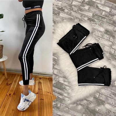 Women's black velor tracksuits with white stripes - Clothing