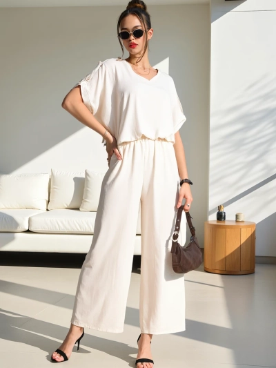 Royalfashion Women's casual set with a short sleeve blouse and wide pants