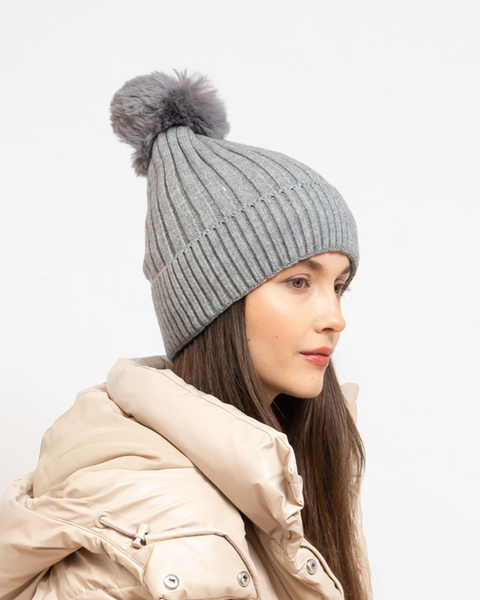 Grey women's insulated glossy beanie with pompom - Accessories