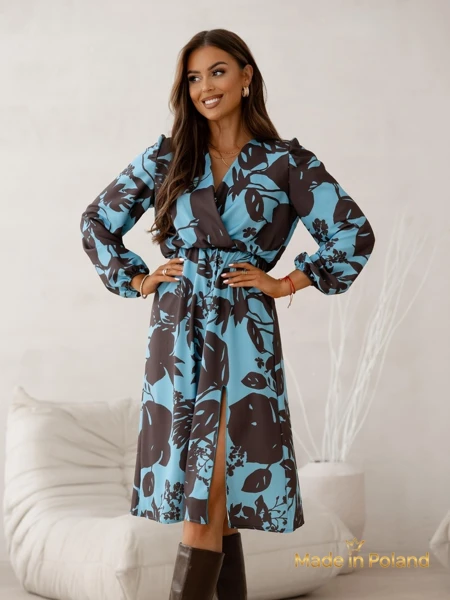 Afrodyta Blu Oceano Dress – blue midi, long sleeves, classic style