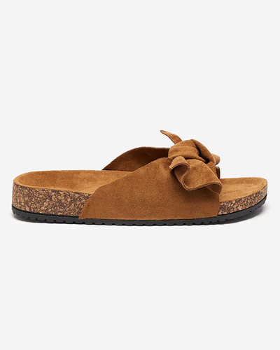 Women's eco-suede slippers with a bow in a camel color Dofro- Footwear