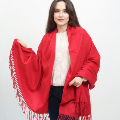 Red large warm scarf with tassels - Accessories