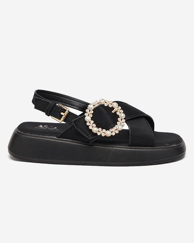 Black fabric women's sandals on a flat sole with cubic zirconia Senire - Footwear