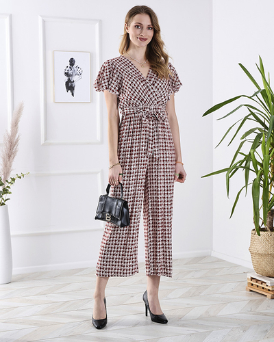 Patterned long women's jumpsuit with binding in red- Clothing