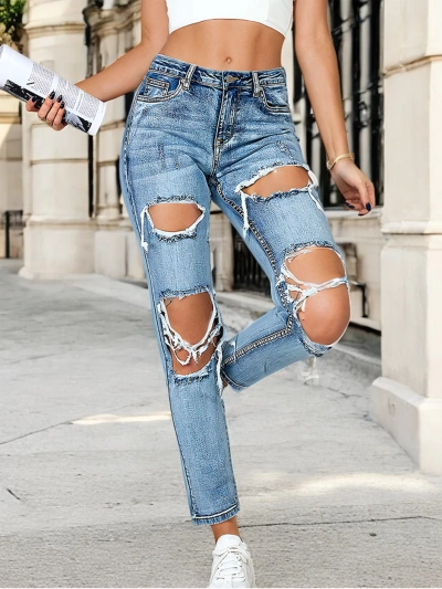 Royalfashion Women's tube jeans with rubbing