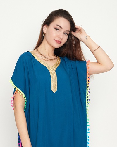 Turquoise women's summer beach tunic with pompoms - Clothing