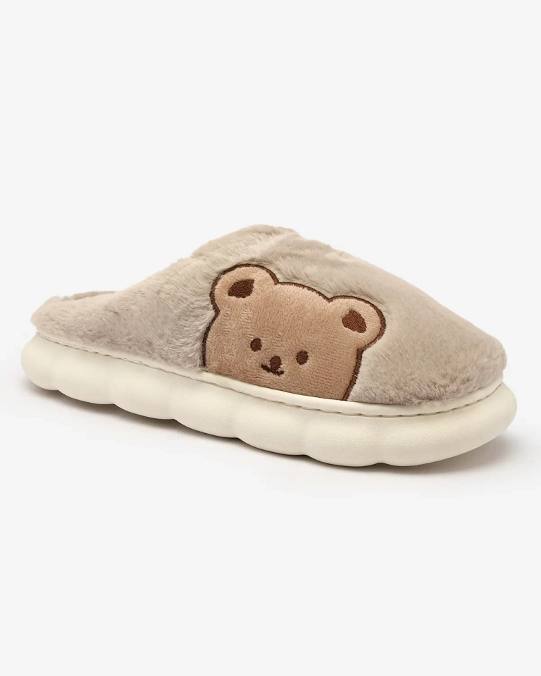 Royalfashion Women's fur slippers with teddy bear in gray Fetemes