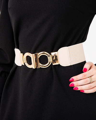 Beige elastic belt with a decorative golden buckle - Accessories