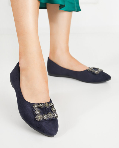 Navy blue women's eco-suede ballerinas with Linselisa ornament - Shoes