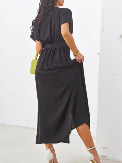 Платье миди Royalfashion для женщин с короткими рукавами, V-образным вырезом и разрезом в центре