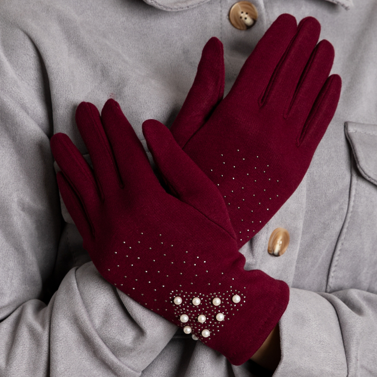 Maroon women's gloves with pearls - Accessories
