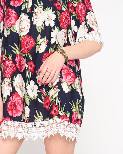 Tumši zila sieviešu blūze ar ziediem PLUS IZMĒRS - Apģērbs