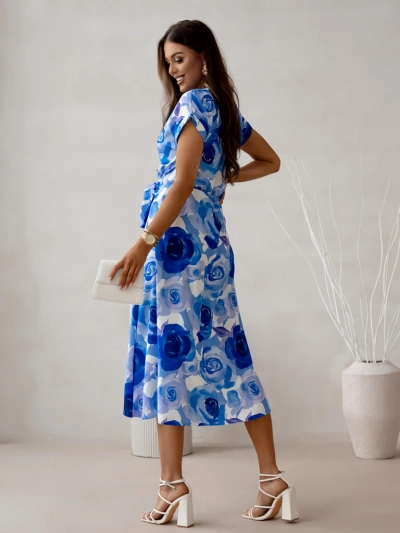 Royalfashion Women's midi dress with short sleeves, wrap neckline in roses