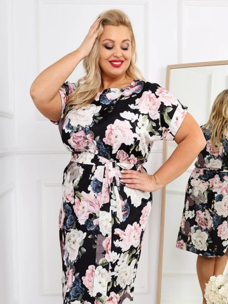 Royalfashion Women's knee-length dress with short sleeves and rose tie