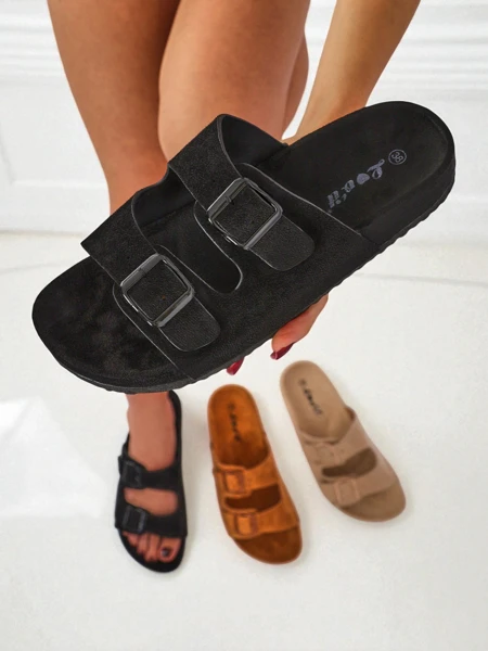 Royalfashion Women's Eco-Suede Sliders with Buckles Bella Duo