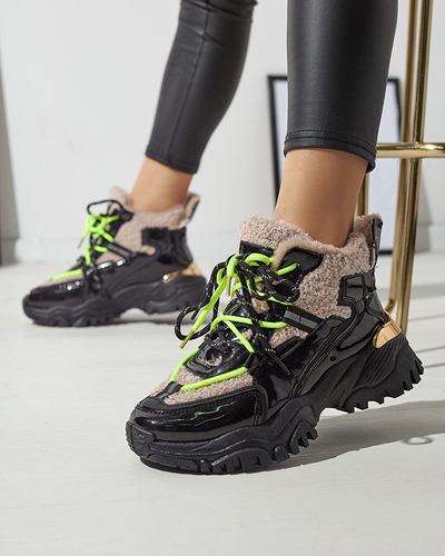 Melni sieviešu sporta apavi ar kažokādu un neona dzeltenām šņorēm Adbo- Footwear