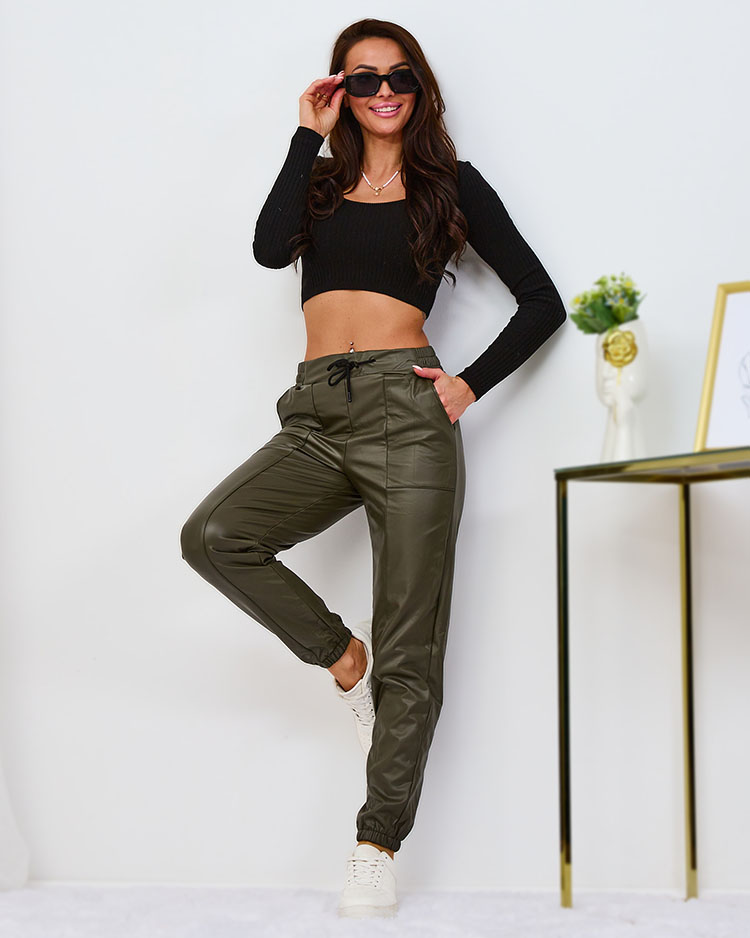 Royalfashion Fleece-lined women's eco leather pants in green