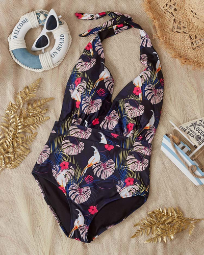 Melns un rozā sieviešu rakstains viendaļīgs peldkostīms - Apģērbs