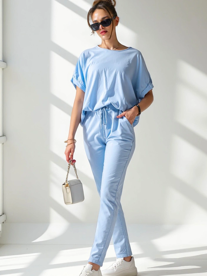 Royalfashion Sieviešu kokvilnas komplekts ar īsajām piedurknēm un taisnām biksēm