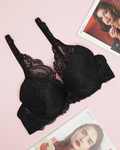 Черный женский бюстгальтер пуш-ап с кружевом