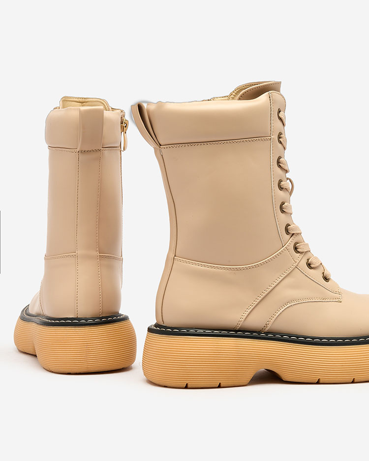 Royalfashion Bēšas krāsas sieviešu mežģīņu zābaki ar cietu zoli Diret