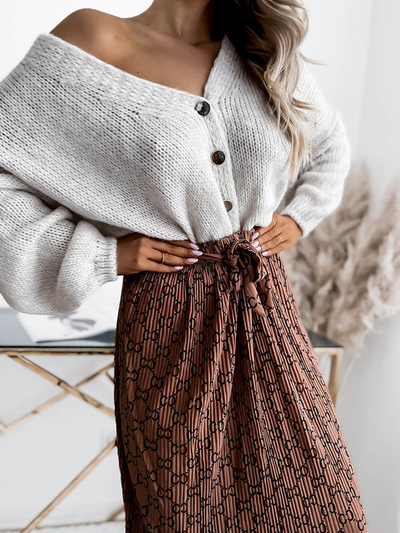 Brown women's pleated patterned maxi skirt - Clothing