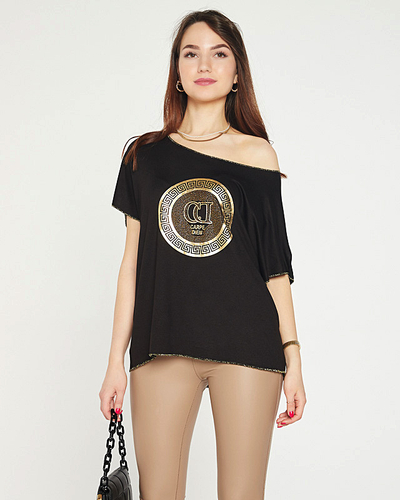 Black women's t-shirt with gold print and cubic zirconia - Clothing