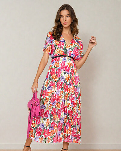Royalfashion Women's pleated floral midi dress