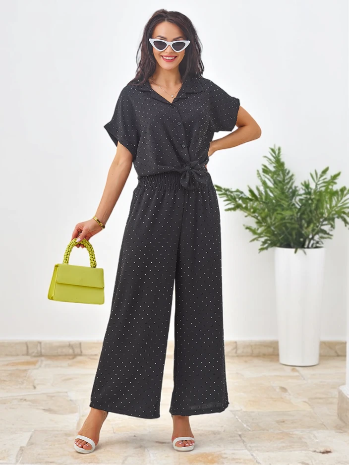 Royalfashion Women's set with a tied short-sleeve shirt and flared pants with rhinestones