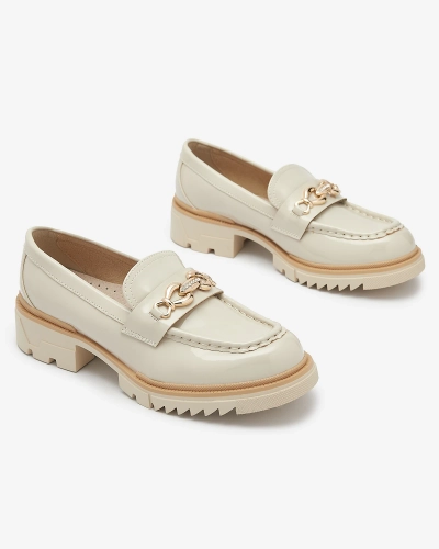 Beige lacquered women's moccasins with chain Sotella - Footwear