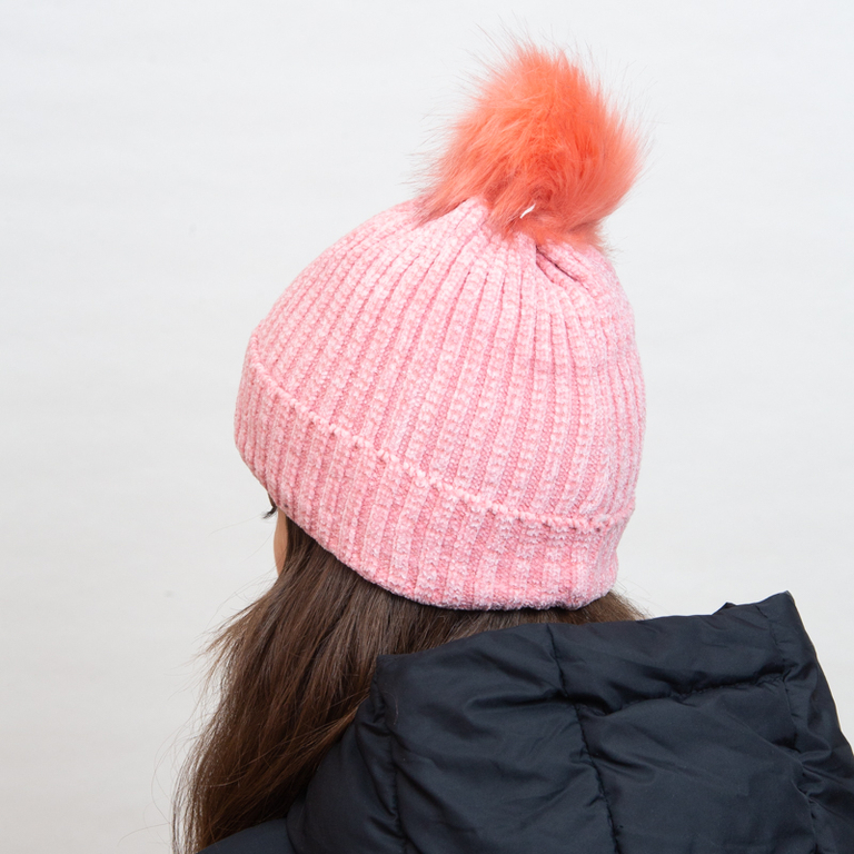 Pink insulated beanie with white stripes and pompom - Accessories