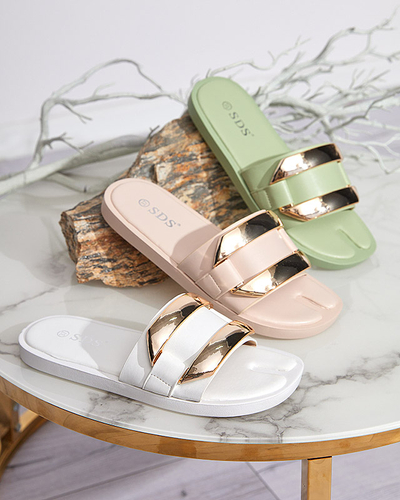 Beige women's slippers with a large golden ornament Kedino - Footwear