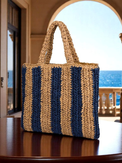 Royal Fashion Large Women's Straw Tote Bag with Stripes