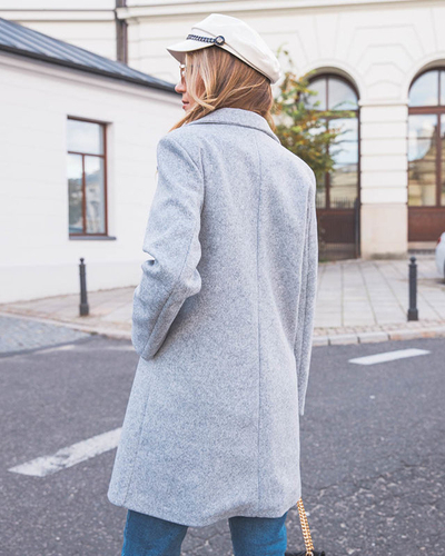 Женское пальто длиной до колен светло-серого цвета- Одежда