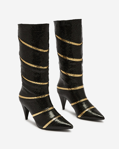 Black and gold women's stiletto heeled boots with embossed stripes Felifea- Footwear