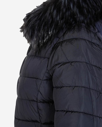 Navy blue women's quilted jacket with hood and fur- Clothing