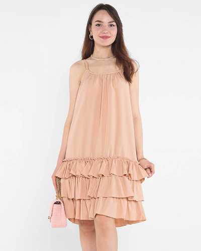 Women's camel strappy dress with frills - Clothing