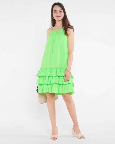 Women's Green Strappy Dress with Frills - Clothing