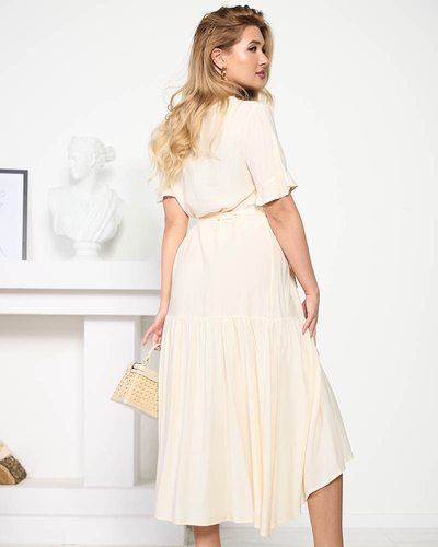Beige women's maxi dress with a tie - Clothing
