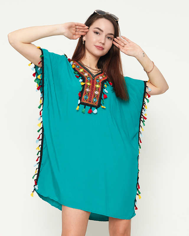 Women's green summer beach tunic with fringes - Clothing