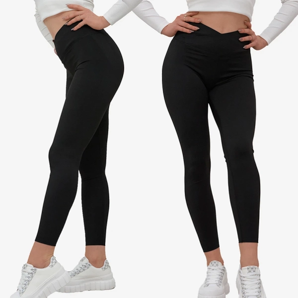 Women's leggings with wide elastic waistband in black- Clothing