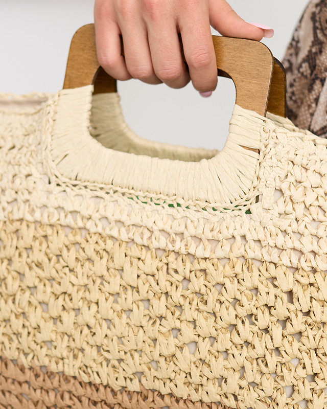 Beige straw large striped women's handbag - Accessories