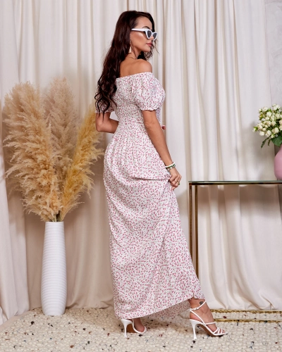 White and pink floral women's maxi dress a'la hiszpanka- Clothing