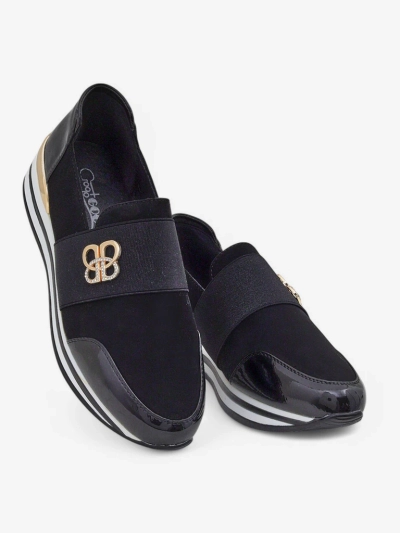 Elektra Nero women's slip-ons with a golden accent, eco-leather, 3.5cm
