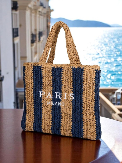 Royal Fashion Large Women's Straw Tote Bag with Stripes