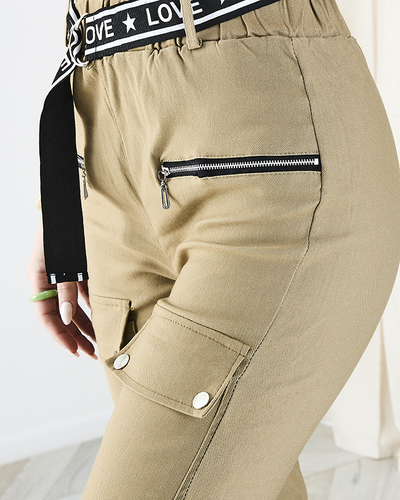 Beige women's cargo pants with pockets - Clothing