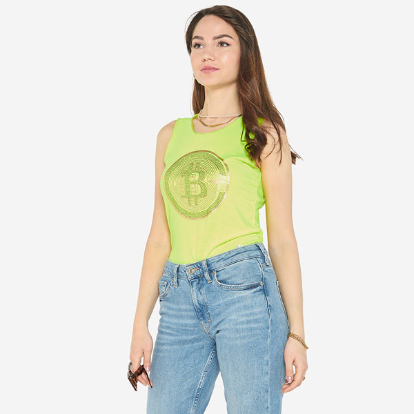 Women's top with gold print in neon yellow - Clothing