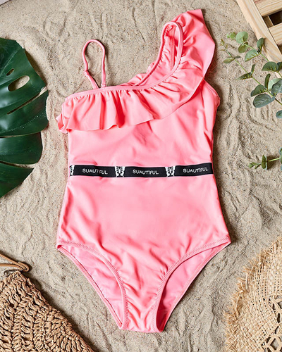 Women's pink one-piece swimsuit with a frill - Underwear